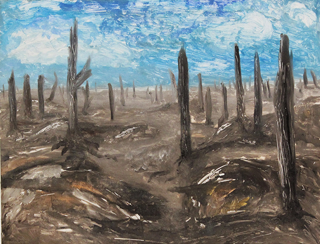 Colored oil print with seguaro cacti like forms in a desolate landscape